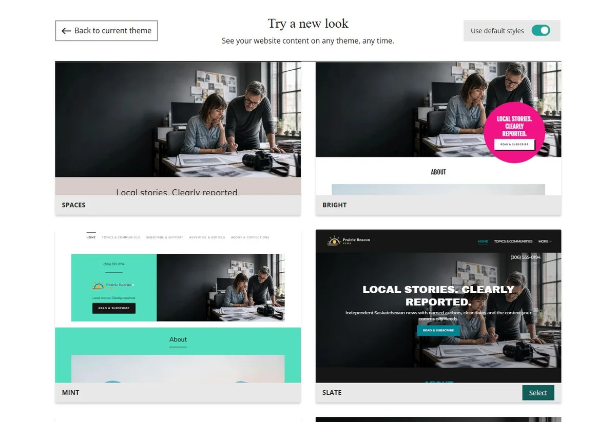 Website Builder theme previews for Prairie Beacon News using default styles, group 4