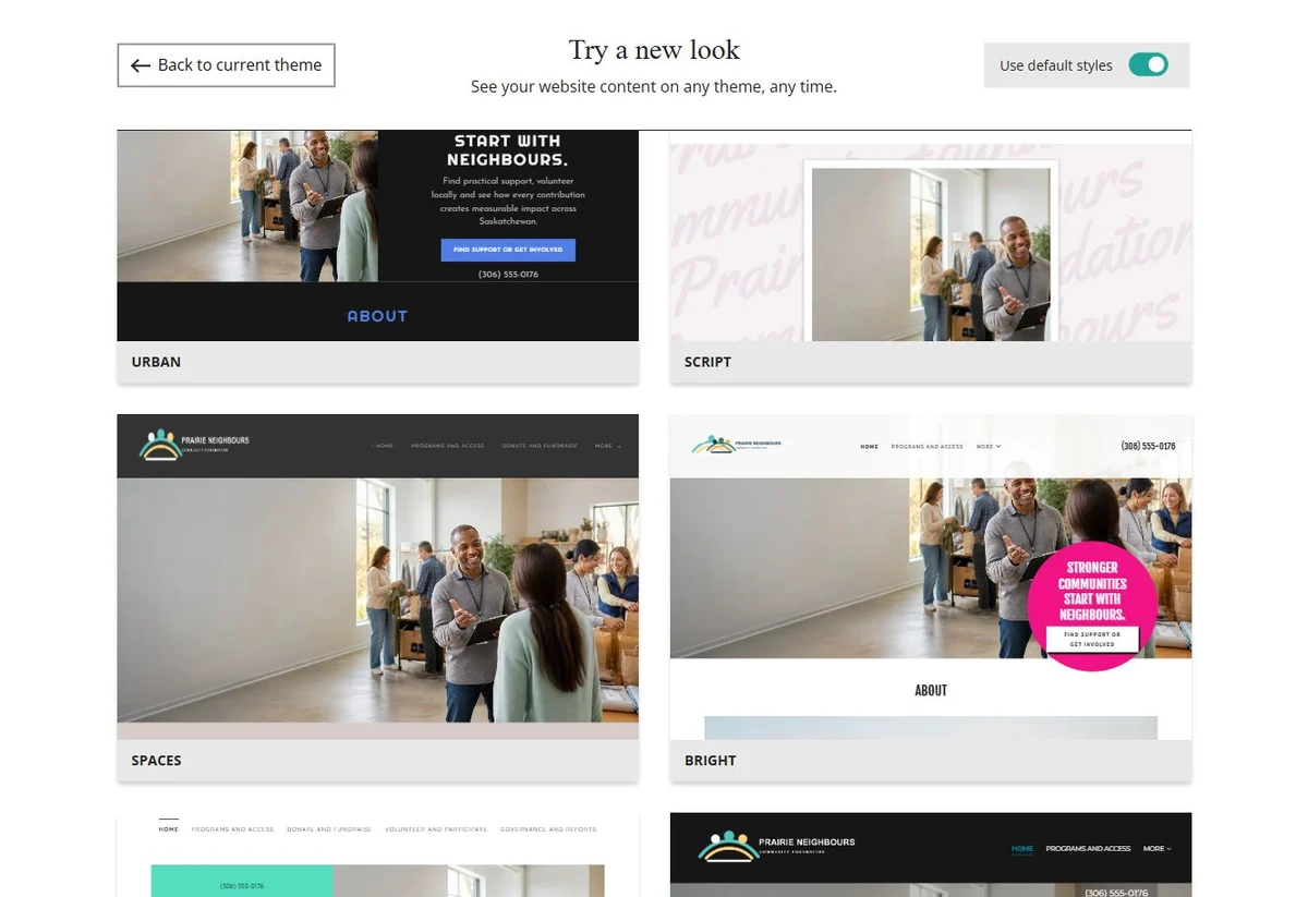 Website Builder theme previews for Prairie Neighbours using default styles, group 5