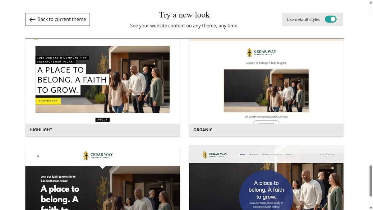 Website Builder theme previews for Cedar Way Community Church using default styles, group 7