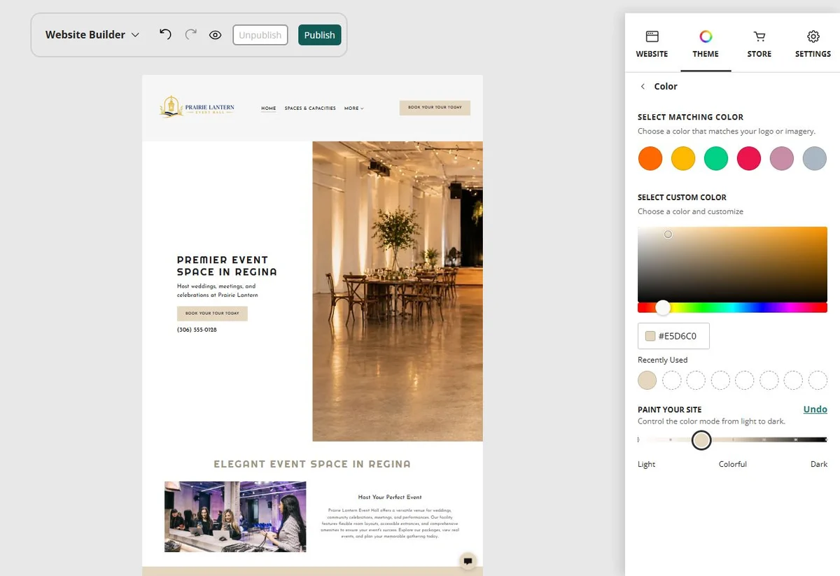 Prairie Lantern Event Hall in the Website Builder soft colour paint setting