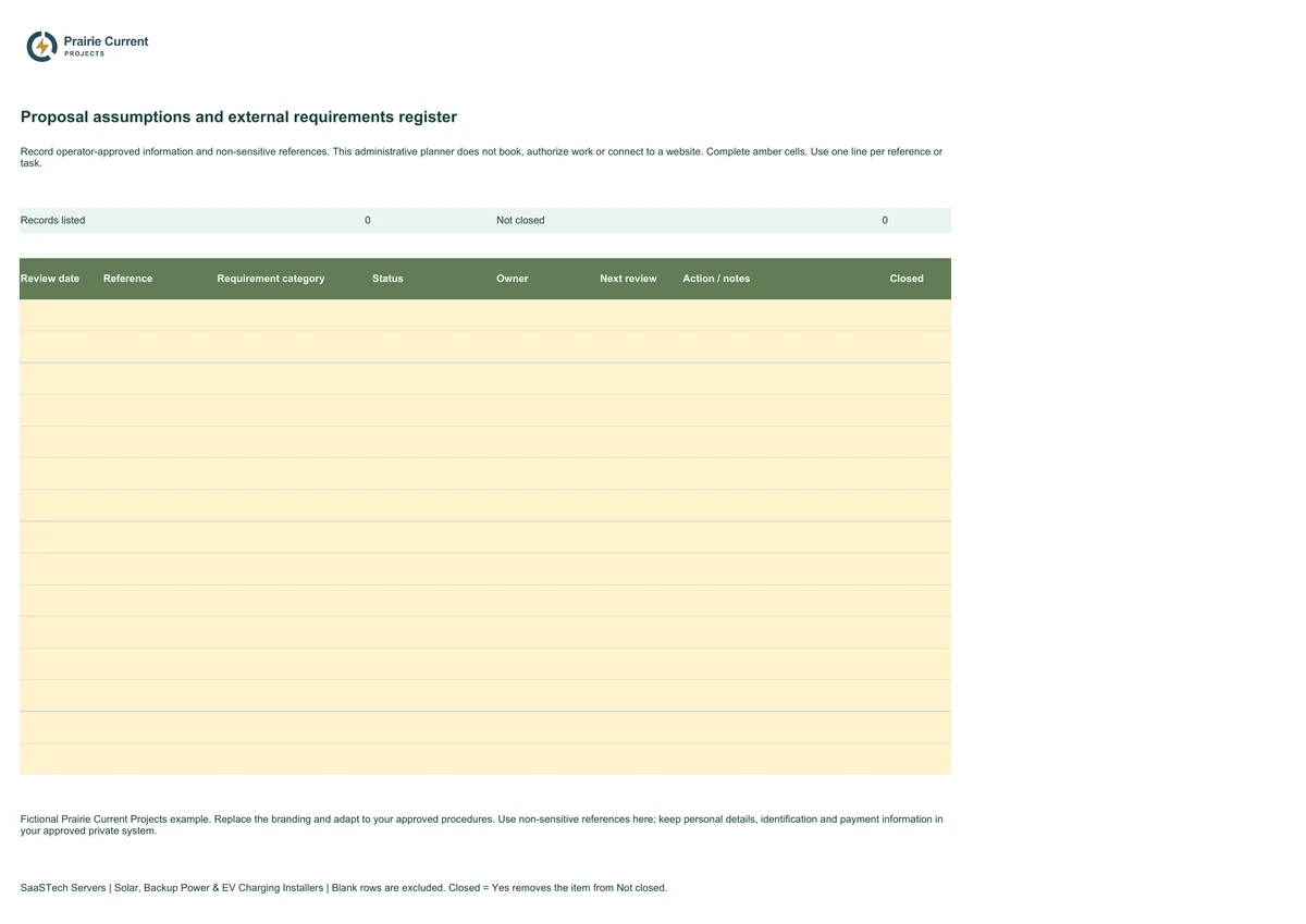 Proposal assumptions and external requirements register