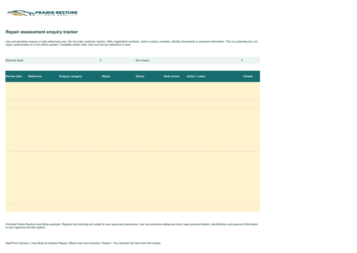 Repair assessment enquiry tracker