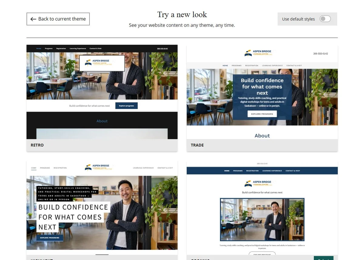 Website Builder theme previews for Aspen Bridge Learning Centre using its chosen colours, group 6