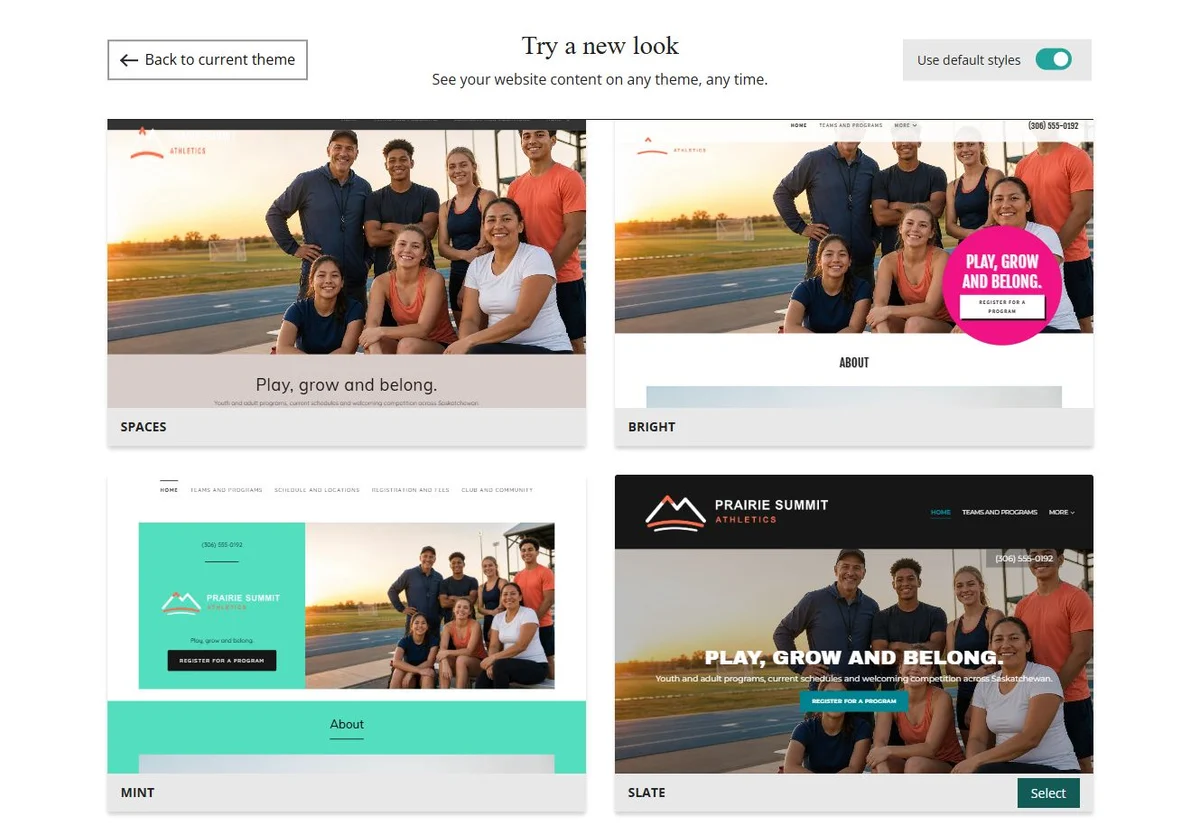 Website Builder theme previews for Prairie Summit Athletics using default styles, group 4
