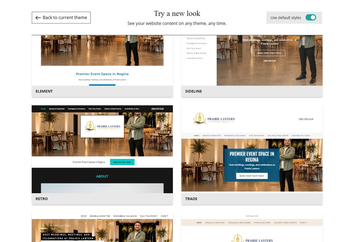 Website Builder default-style theme previews for Prairie Lantern Event Hall, group 8