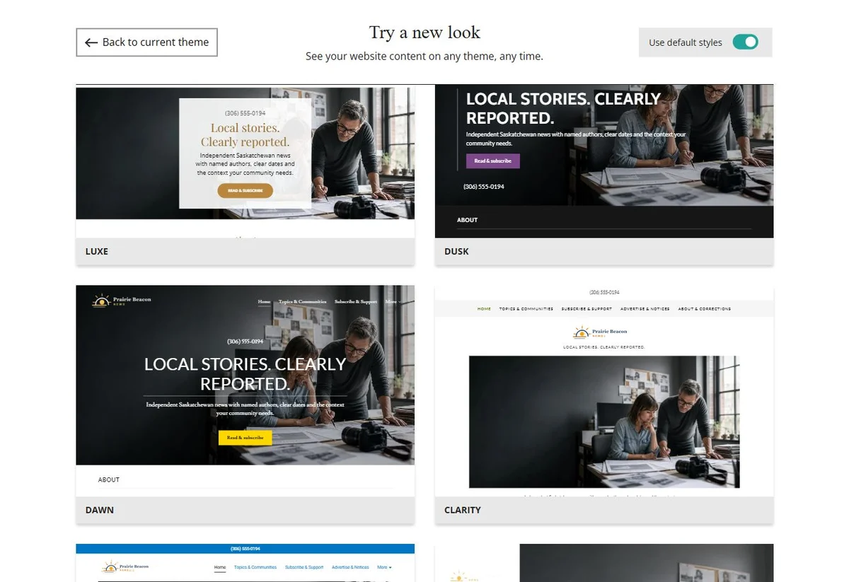 Website Builder theme previews for Prairie Beacon News using default styles, group 6
