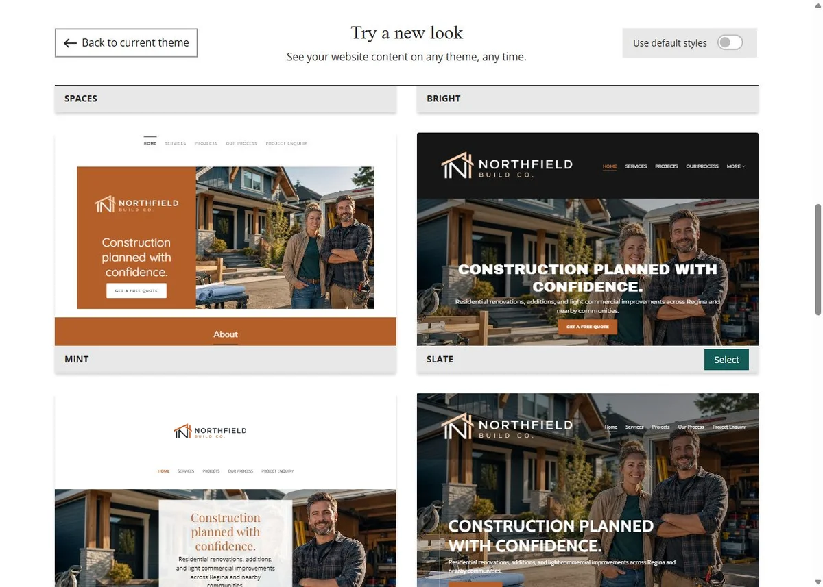 Mint, Slate, Luxe and Dusk Website Builder previews using Northfield Build Co.'s selected copper colour