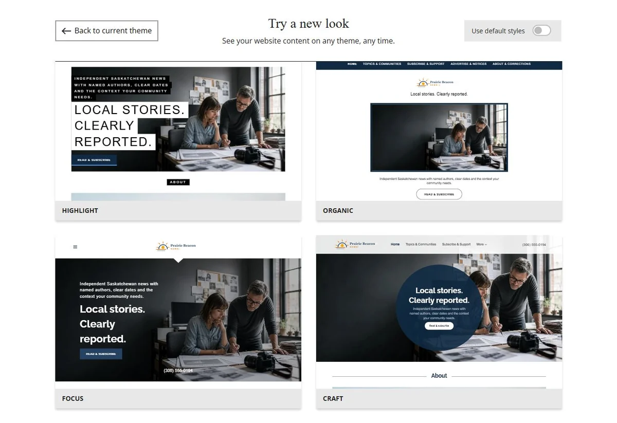 Website Builder theme previews for Prairie Beacon News using its chosen colours, group 9