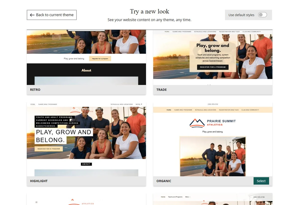 Website Builder theme previews for Prairie Summit Athletics using its chosen colours, group 9