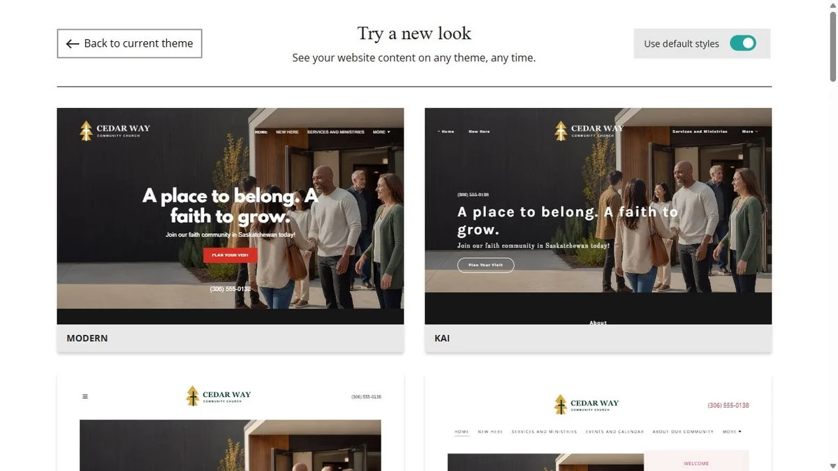 Website Builder theme previews for Cedar Way Community Church using default styles, group 1