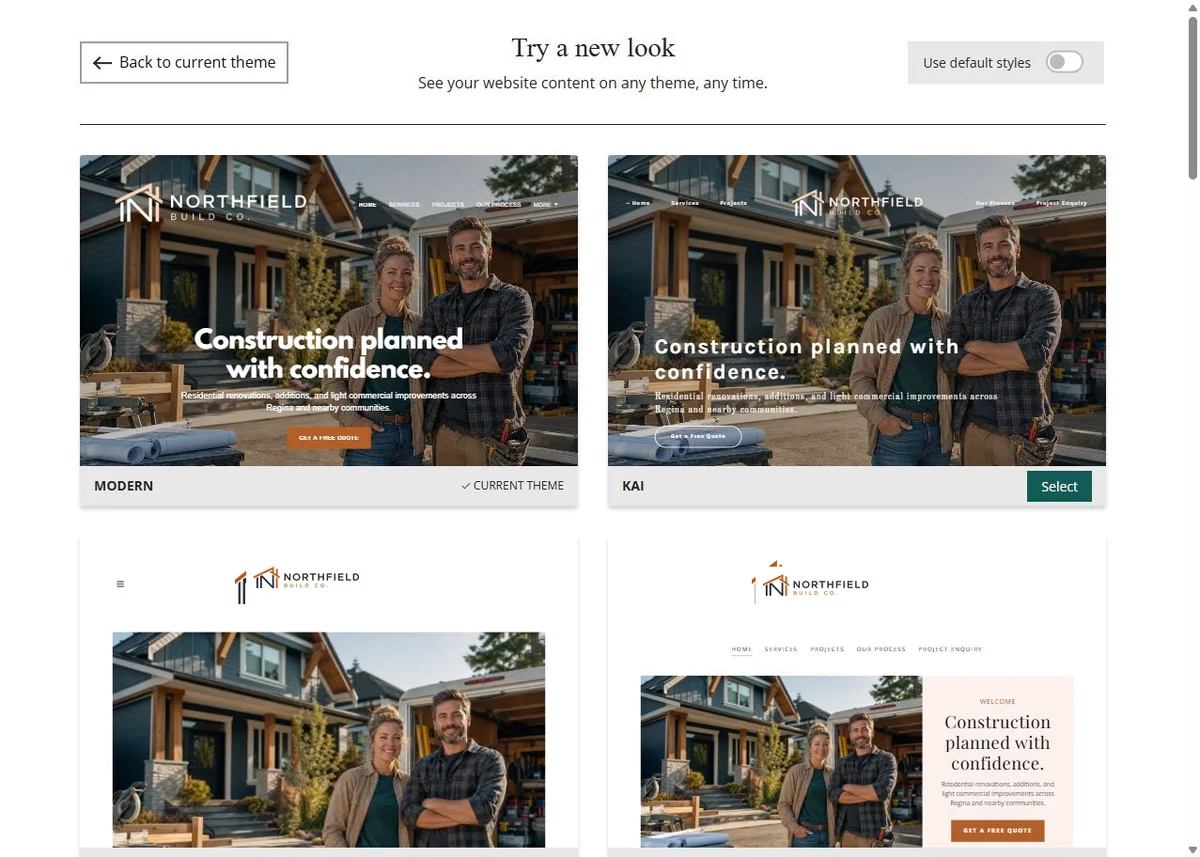 Modern, Kai, Libre and Bisque Website Builder previews using Northfield Build Co.'s selected copper colour