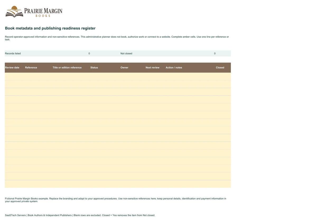 Book metadata and publishing readiness register