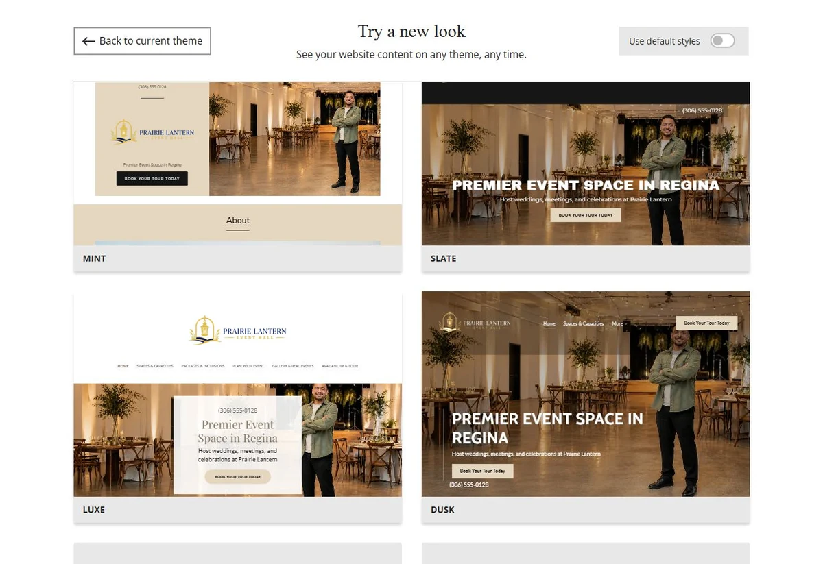 Website Builder theme previews for Prairie Lantern Event Hall, chosen-colour group 5
