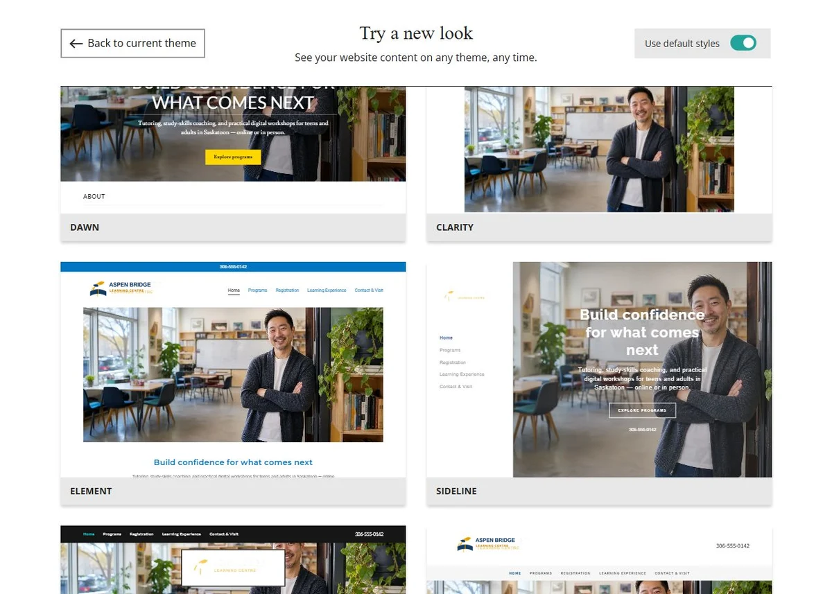 Website Builder theme previews for Aspen Bridge Learning Centre using default styles, group 5