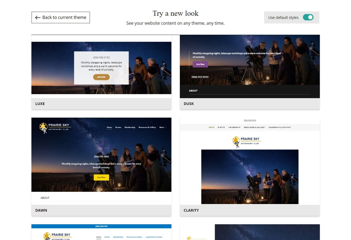 Website Builder theme previews for Prairie Sky Astronomy Club using default styles, group 6