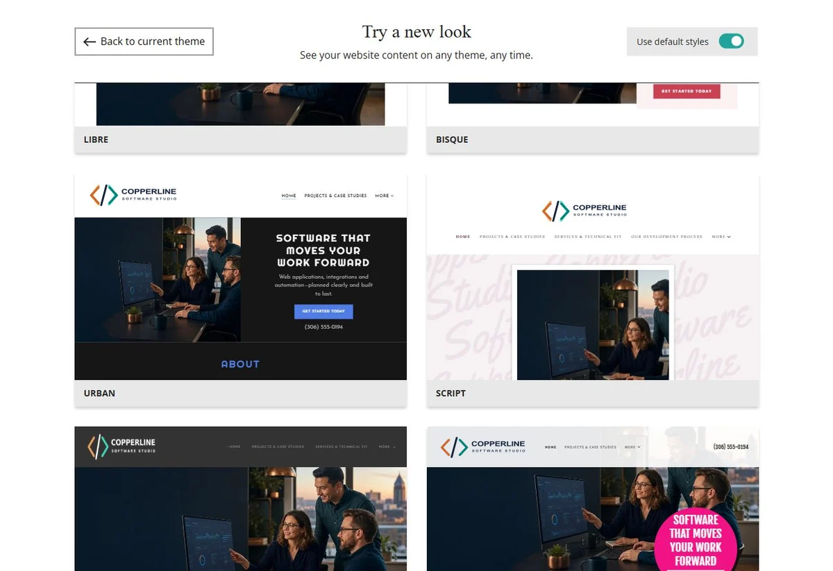 Website Builder default-style theme previews for Copperline Software Studio, group 2