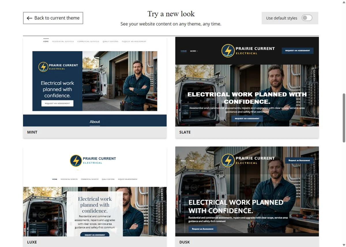 Mint, Slate, Luxe and Dusk Website Builder previews using Prairie Current Electrical's chosen navy colour