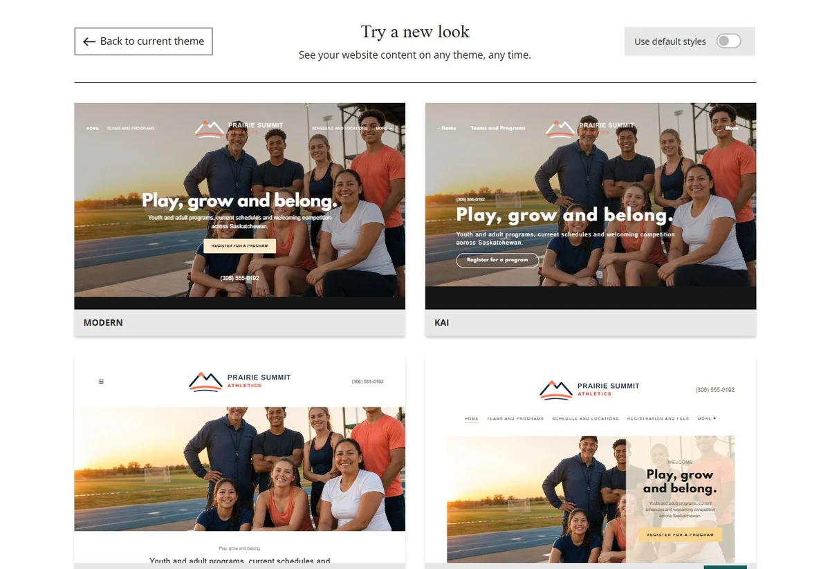 Website Builder theme previews for Prairie Summit Athletics using its chosen colours, group 1