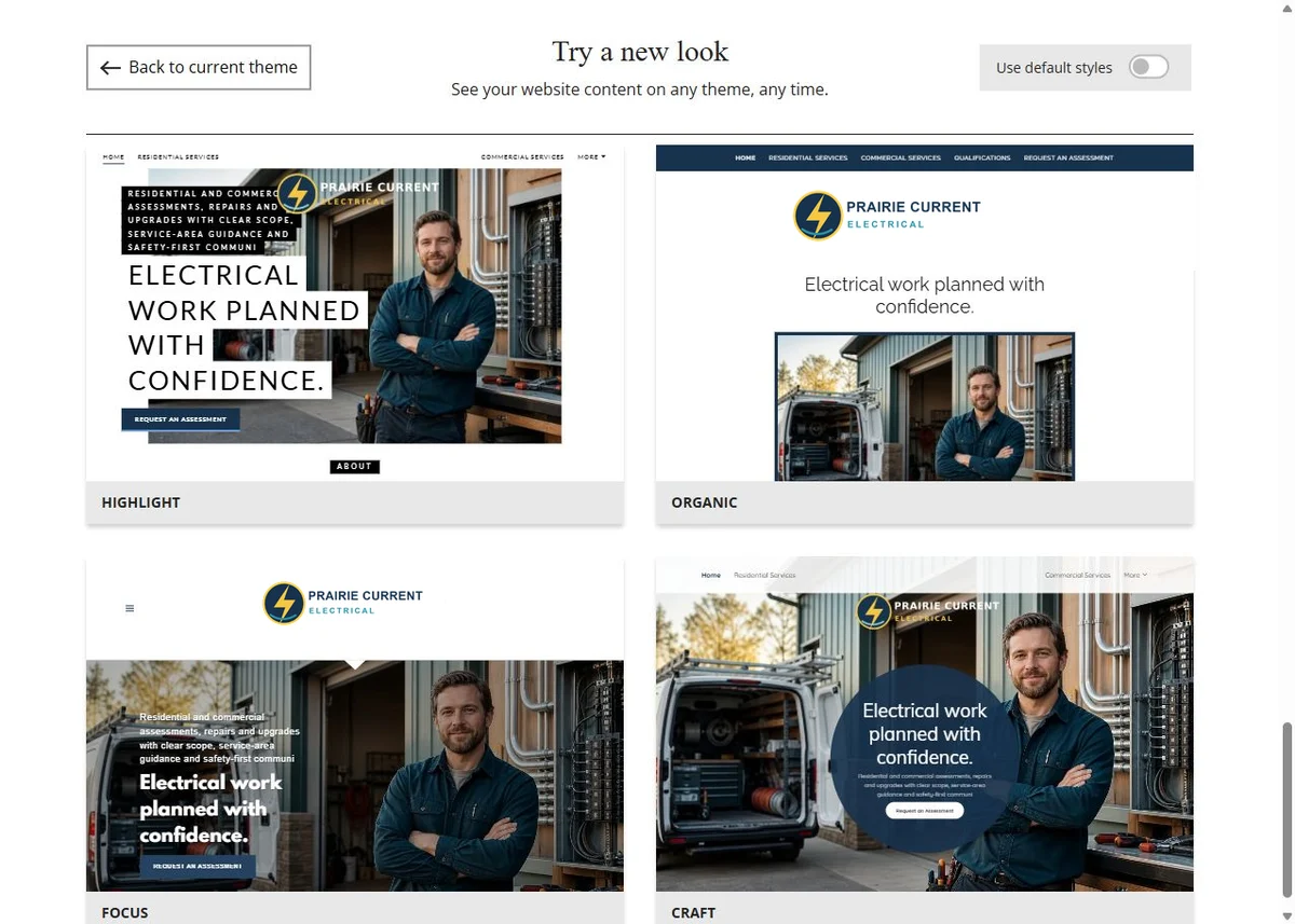 Highlight, Organic, Focus and Craft Website Builder previews using Prairie Current Electrical's chosen navy colour