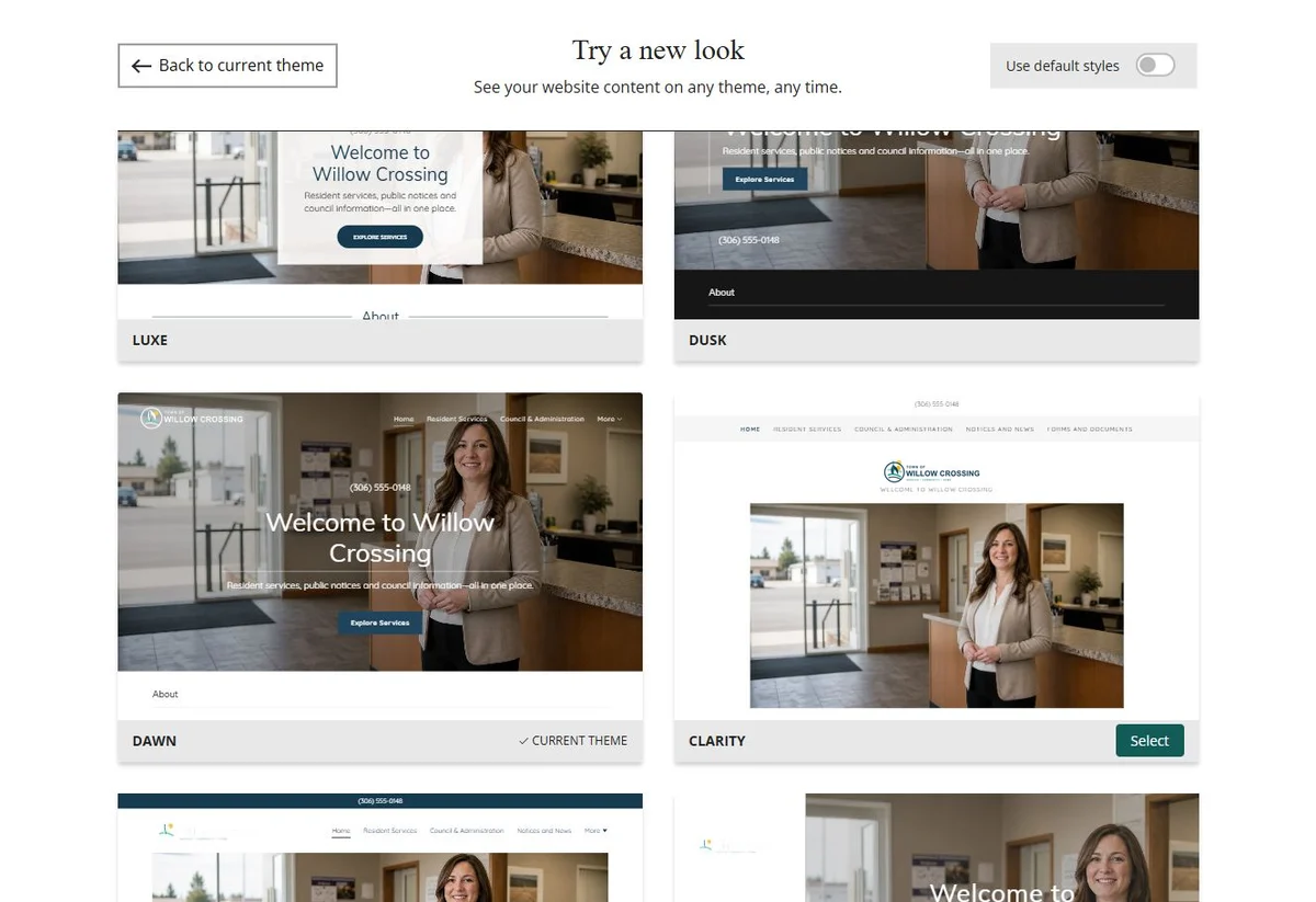 Website Builder theme previews for Town of Willow Crossing using its chosen colours, group 5