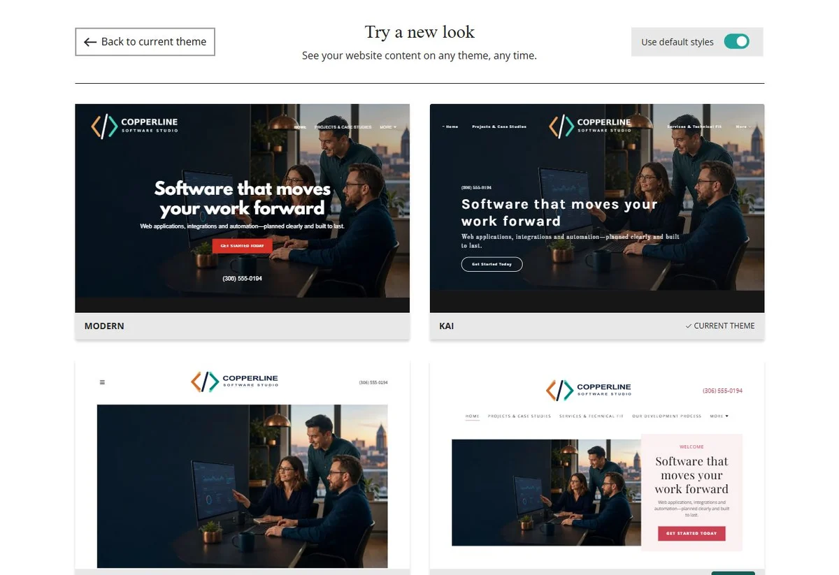 Website Builder default-style theme previews for Copperline Software Studio, group 1