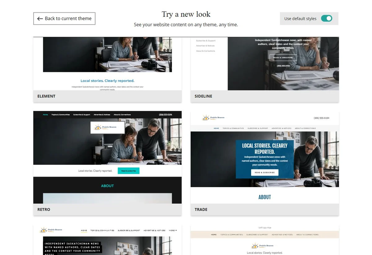 Website Builder theme previews for Prairie Beacon News using default styles, group 8