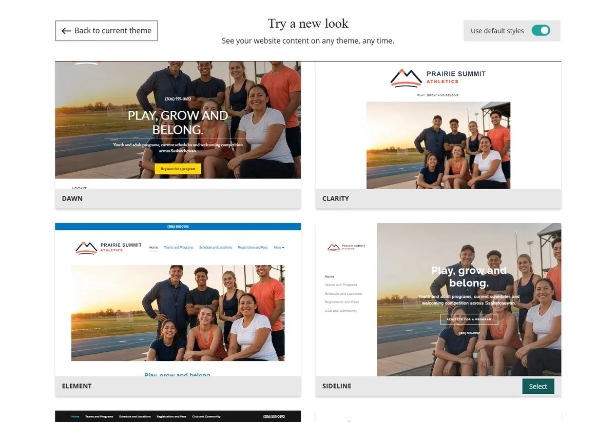 Website Builder theme previews for Prairie Summit Athletics using default styles, group 7