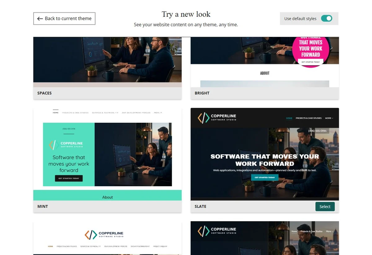 Website Builder default-style theme previews for Copperline Software Studio, group 3