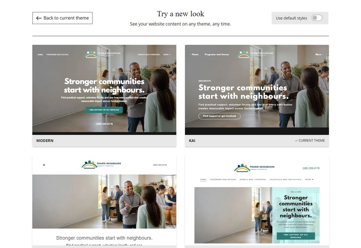 Website Builder theme previews for Prairie Neighbours using its chosen colours, group 1