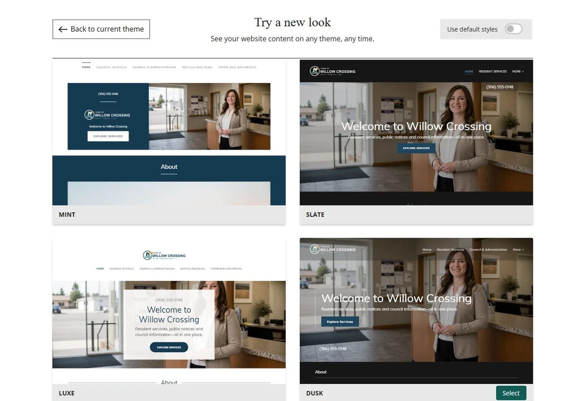 Website Builder theme previews for Town of Willow Crossing using its chosen colours, group 4