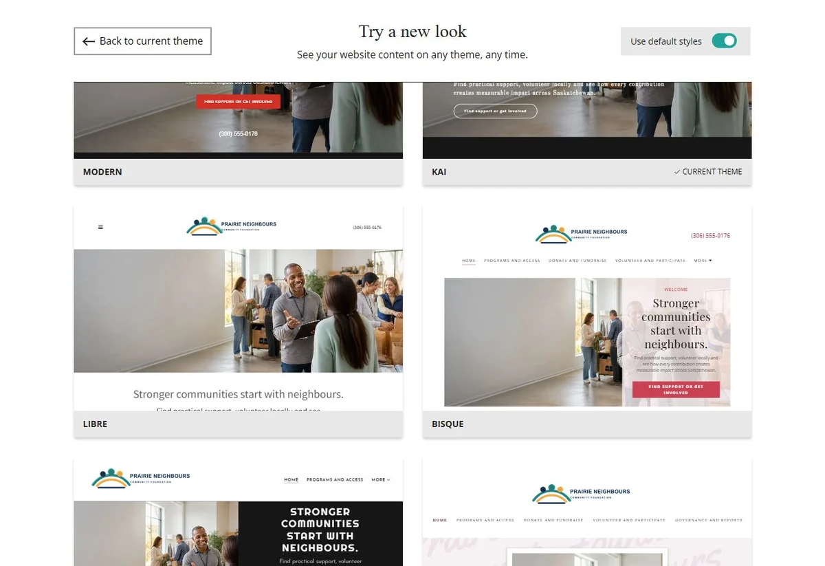 Website Builder theme previews for Prairie Neighbours using default styles, group 2