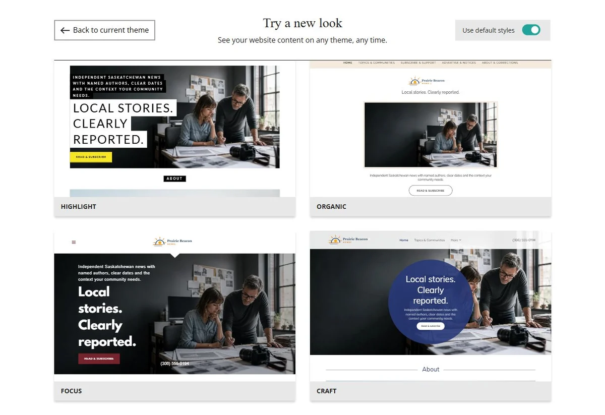 Website Builder theme previews for Prairie Beacon News using default styles, group 9