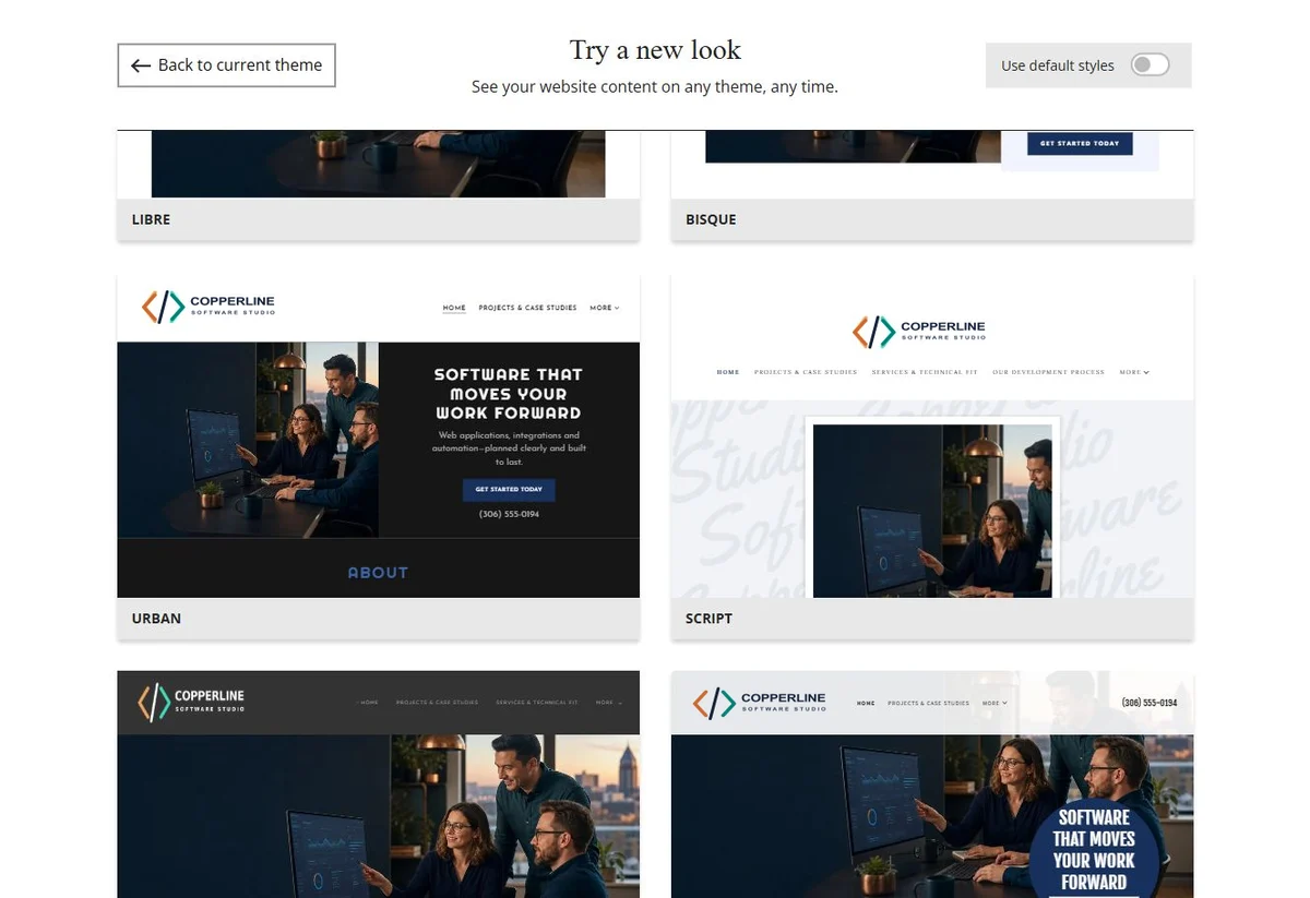 Website Builder chosen-colour theme previews for Copperline Software Studio, group 2