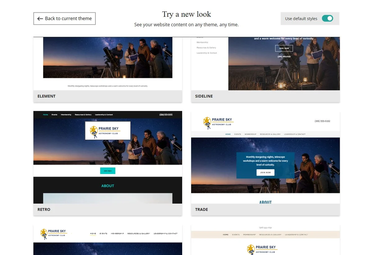 Website Builder theme previews for Prairie Sky Astronomy Club using default styles, group 8
