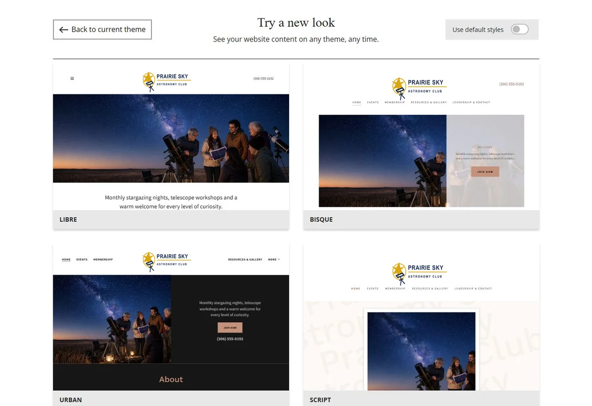 Website Builder theme previews for Prairie Sky Astronomy Club using its chosen colours, group 2