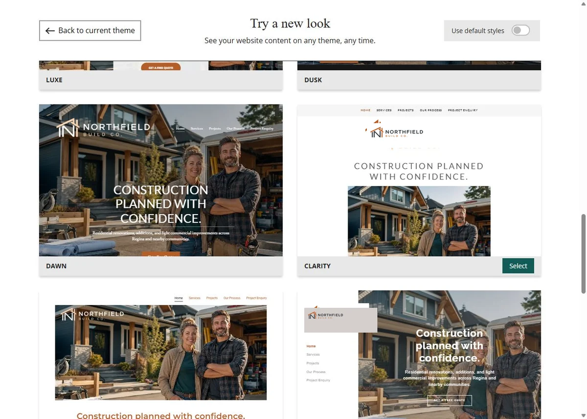 Dawn, Clarity, Element and Sideline Website Builder previews using Northfield Build Co.'s selected copper colour