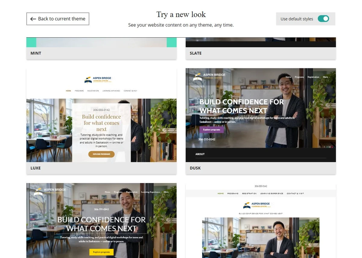 Website Builder theme previews for Aspen Bridge Learning Centre using default styles, group 4