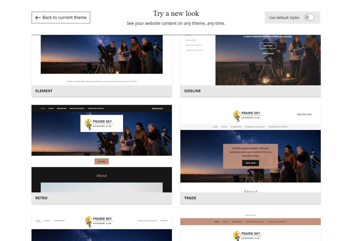 Website Builder theme previews for Prairie Sky Astronomy Club using its chosen colours, group 8