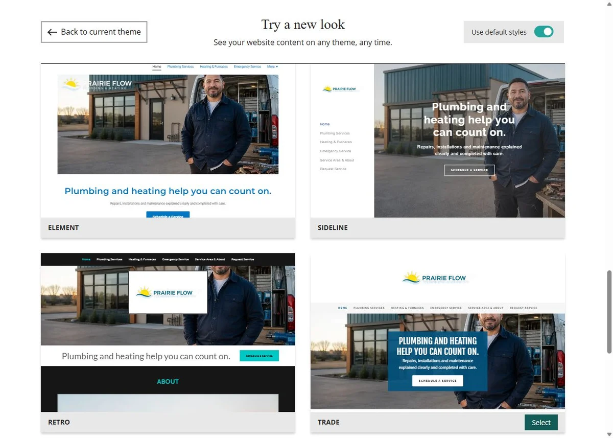 Prairie Flow default-style theme previews, set 5