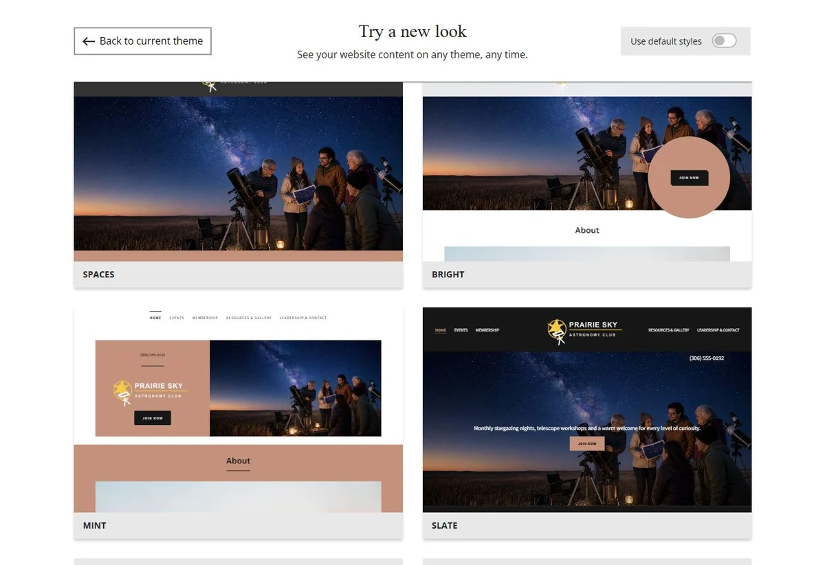 Website Builder theme previews for Prairie Sky Astronomy Club using its chosen colours, group 4
