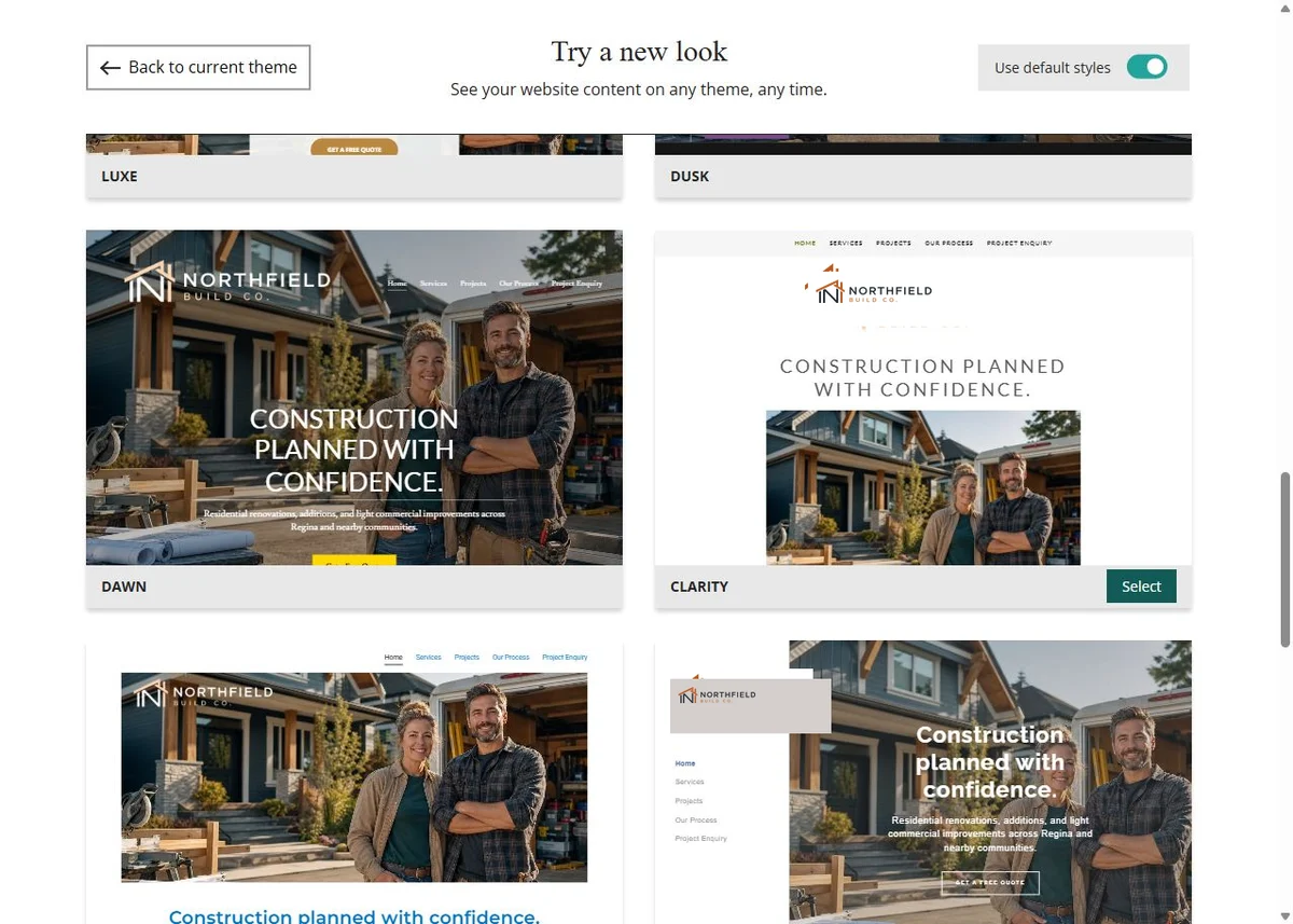 Dawn, Clarity, Element and Sideline Website Builder previews using each theme's default styles