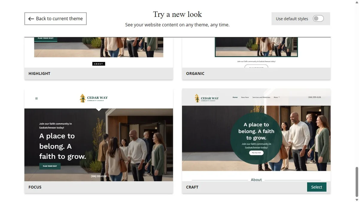 Website Builder theme previews for Cedar Way Community Church using chosen colours, group 8