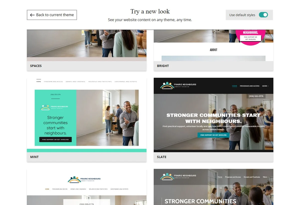 Website Builder theme previews for Prairie Neighbours using default styles, group 7