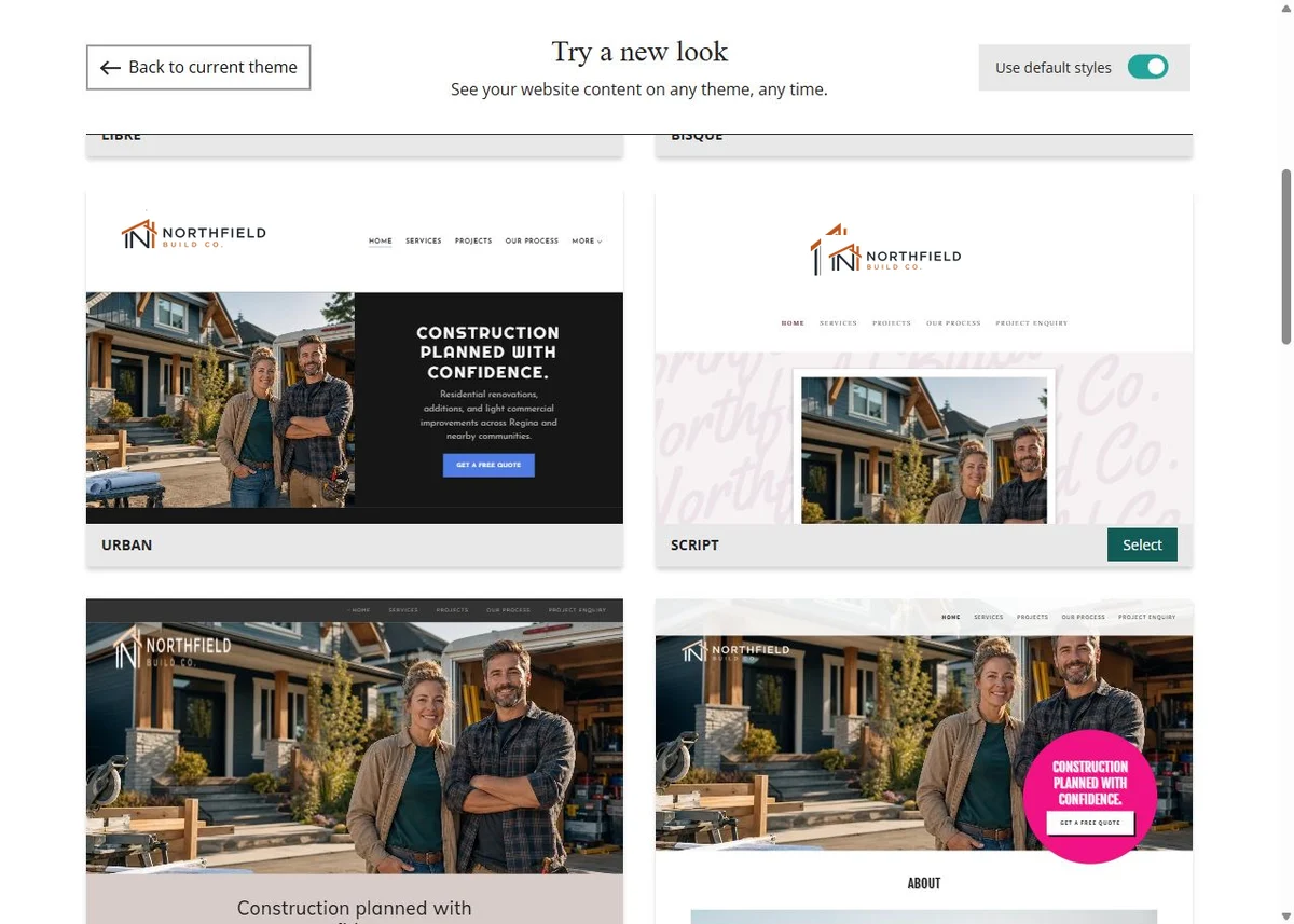 Urban, Script, Spaces and Bright Website Builder previews using each theme's default styles