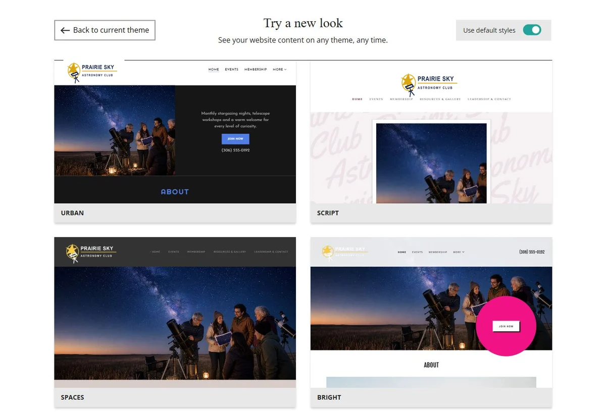 Website Builder theme previews for Prairie Sky Astronomy Club using default styles, group 3