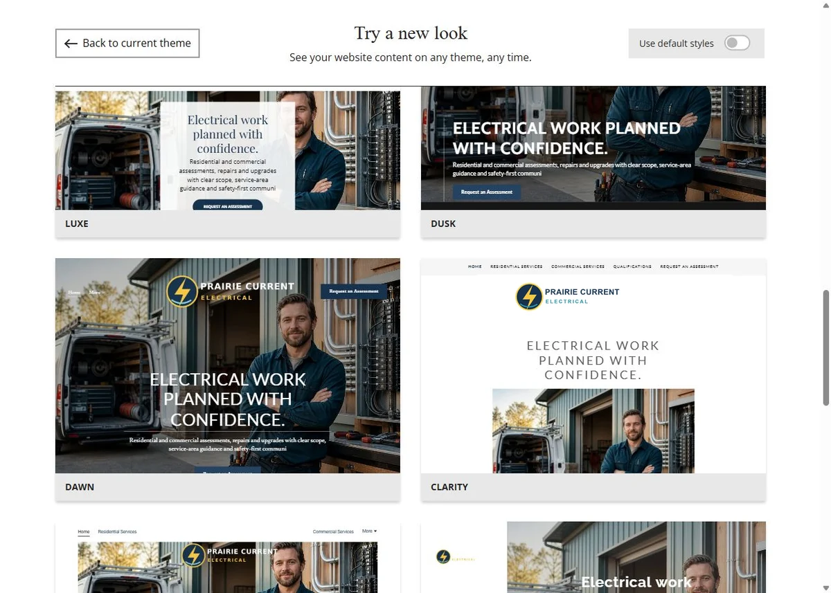 Luxe, Dusk, Dawn and Clarity Website Builder previews using Prairie Current Electrical's chosen navy colour
