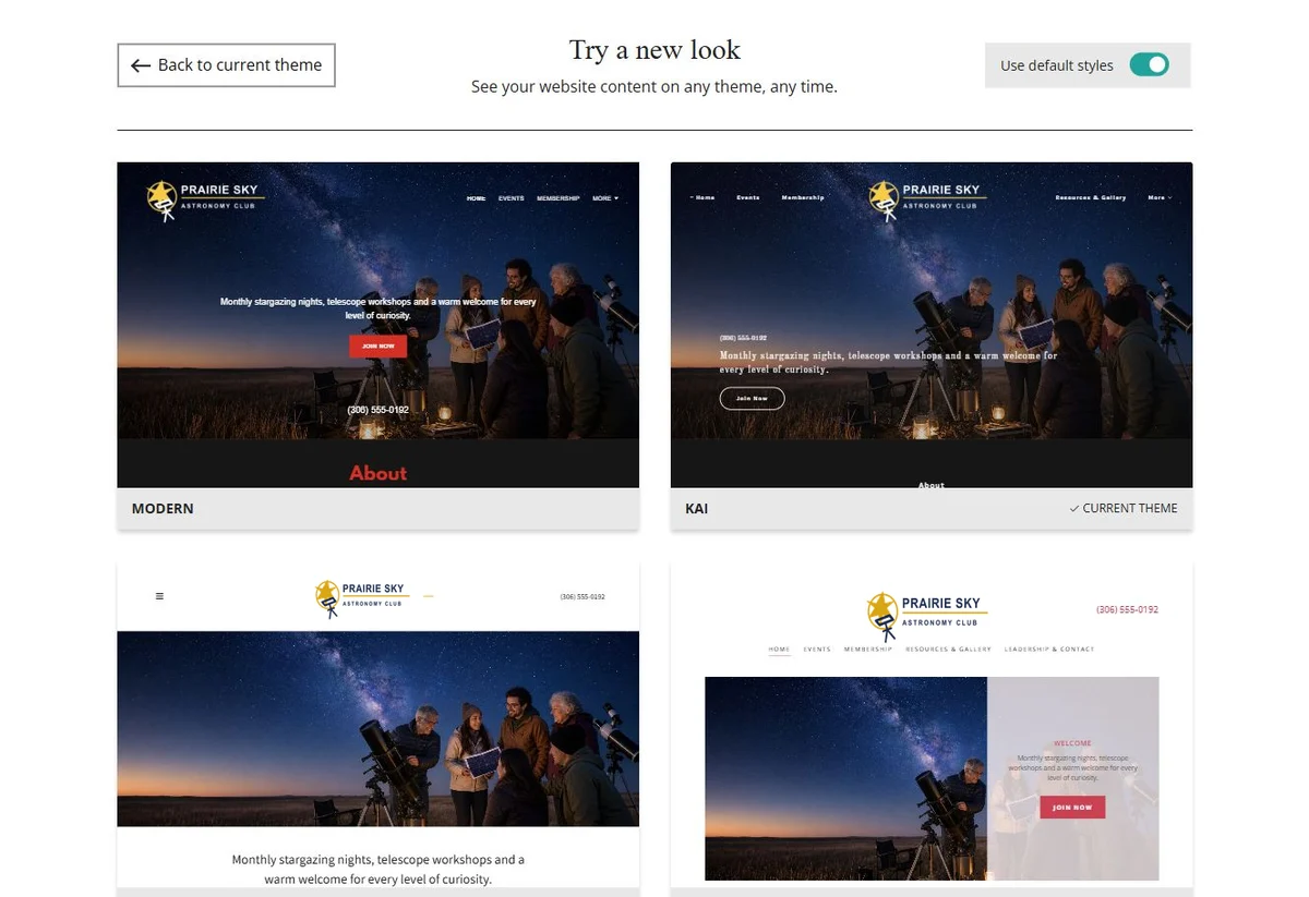 Website Builder theme previews for Prairie Sky Astronomy Club using default styles, group 1