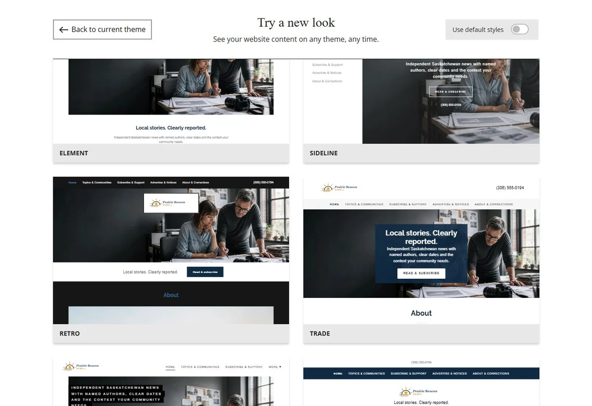 Website Builder theme previews for Prairie Beacon News using its chosen colours, group 8