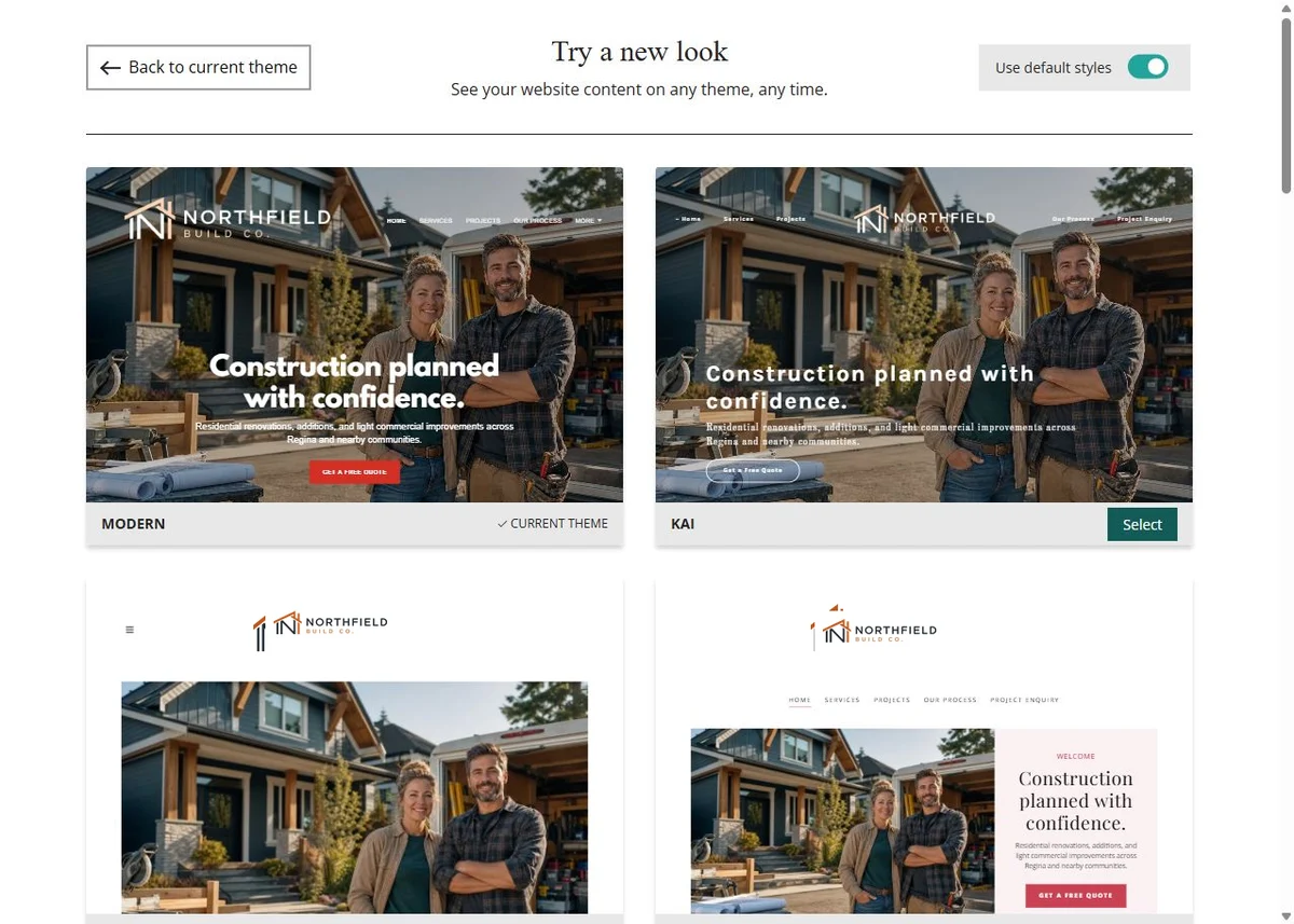 Modern, Kai, Libre and Bisque Website Builder previews using each theme's default styles