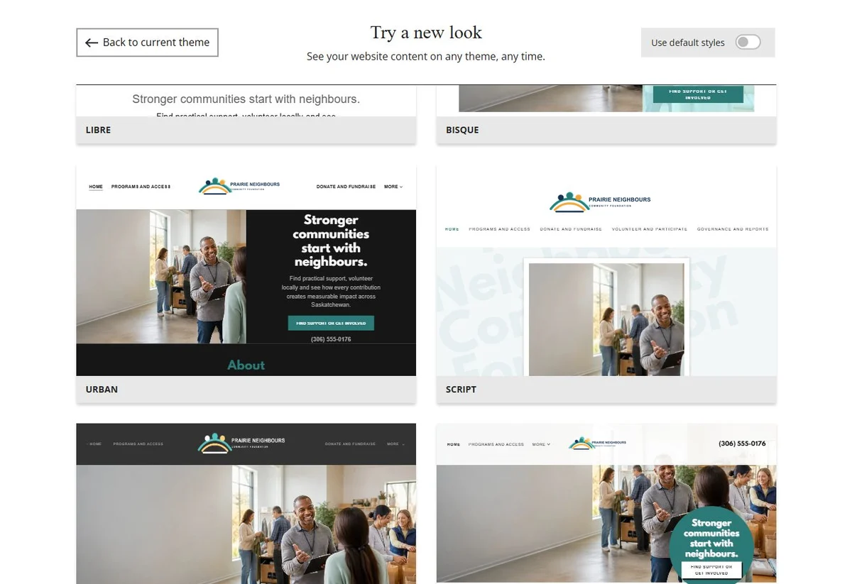 Website Builder theme previews for Prairie Neighbours using its chosen colours, group 4